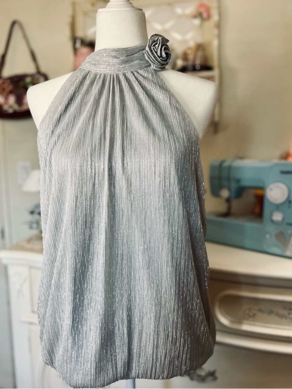 CeCe Silver Metallic Halter Strapless Dress with Rosette